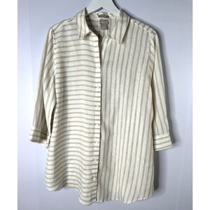Chicos Womens Sz 2 L Beige Stripe Linen Button Up No Iron Tunic Top 3/4 Sleeve